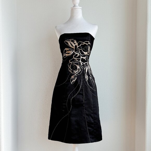 VINTAGE‎ Y2K STRAPLESS BLACK SATIN COCKTAIL DRESS - Picture 1 of 7
